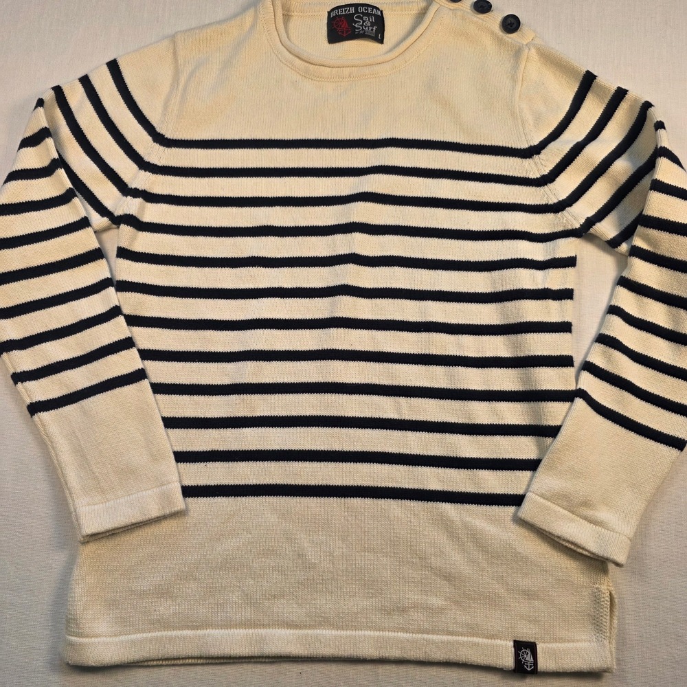 Breizh Ocean Stripe Nautical Sweater Women L Navy/wht Cotton Mariniere fisherman - Picture 2 of 10